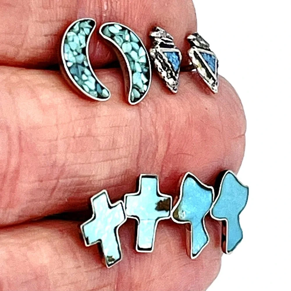VTG Navajo Turquoise Stud Earring Lot‎ 4 Pair Arrowhead Moon Cross Sterling 925